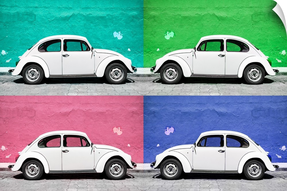Quadriptych photograph of a classic Volkswagen Beetle in front of colorful, bright walls. From the Viva Mexico Collection.