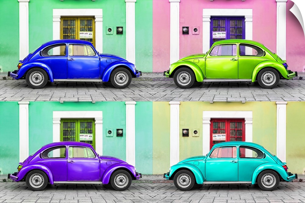 Quadriptych photograph of colorful, classic Volkswagen Beetles in front of bright walls and doors. From the Viva Mexico Co...