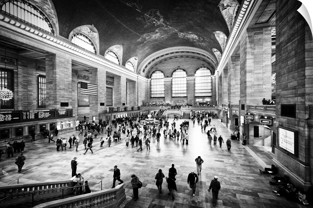 A black and white photograph of the interior of Grand Central Station in New York City.