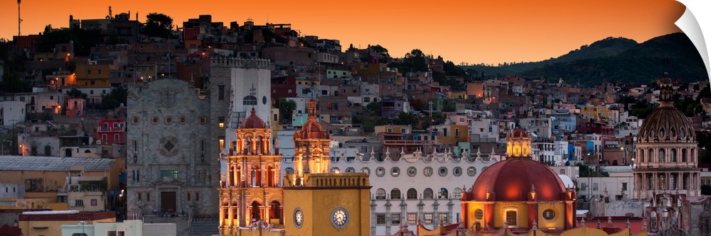 Panoramic photograph of the iconic Yellow Church at night in Guanajuato, Mexico. From the Viva
