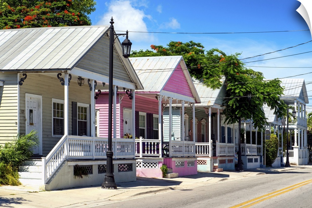 A brightly painted pink house in a Key West neighborhood, Florida.