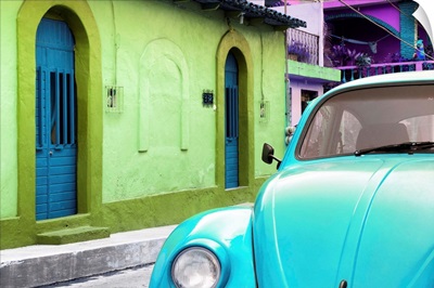 Light Blue VW Beetle Car and Colorful House