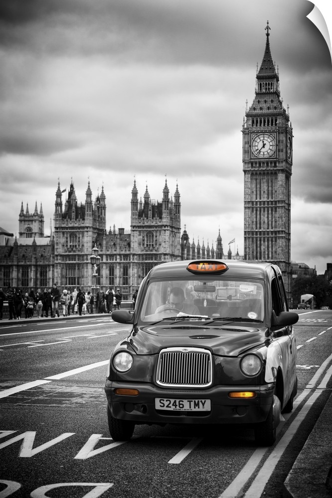A Taxi driving past Big Ben on a cloudy day.