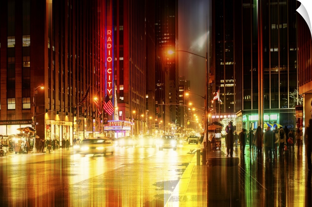 Lights from traffic and neon signs, with a layered effect creating a feeling of movement.