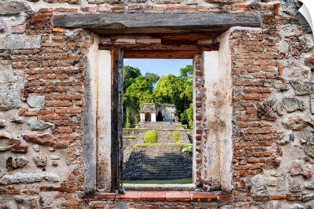 View of the Mayan Ruins in Palenque framed through a stony, brick window. From the Viva Mexico Window View.