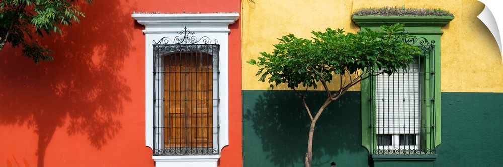 Colorful panoramic photograph of facades in Mexico. From the Viva Mexico Panoramic Collection.