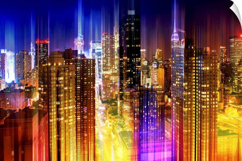 New York City skyline lit up at night, with a layered effect creating a feeling of movement.