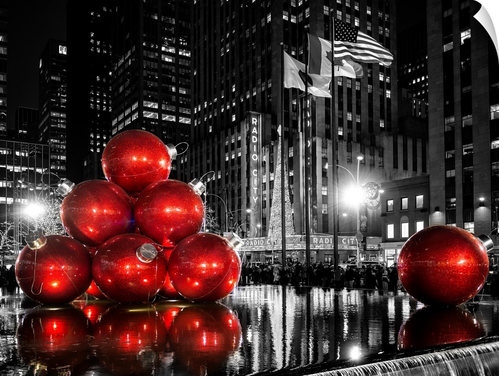 Fine art photograph of giant Christmas decorations set up in New York city.