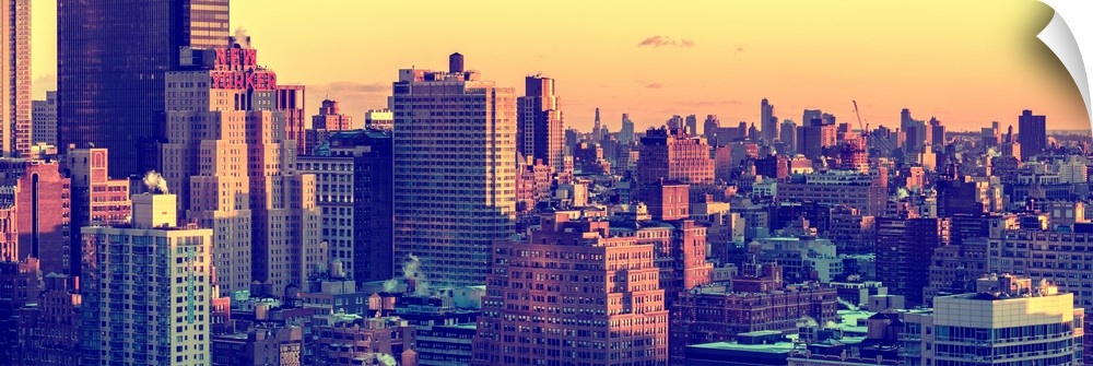 A photograph of New York city architecture at sunset.