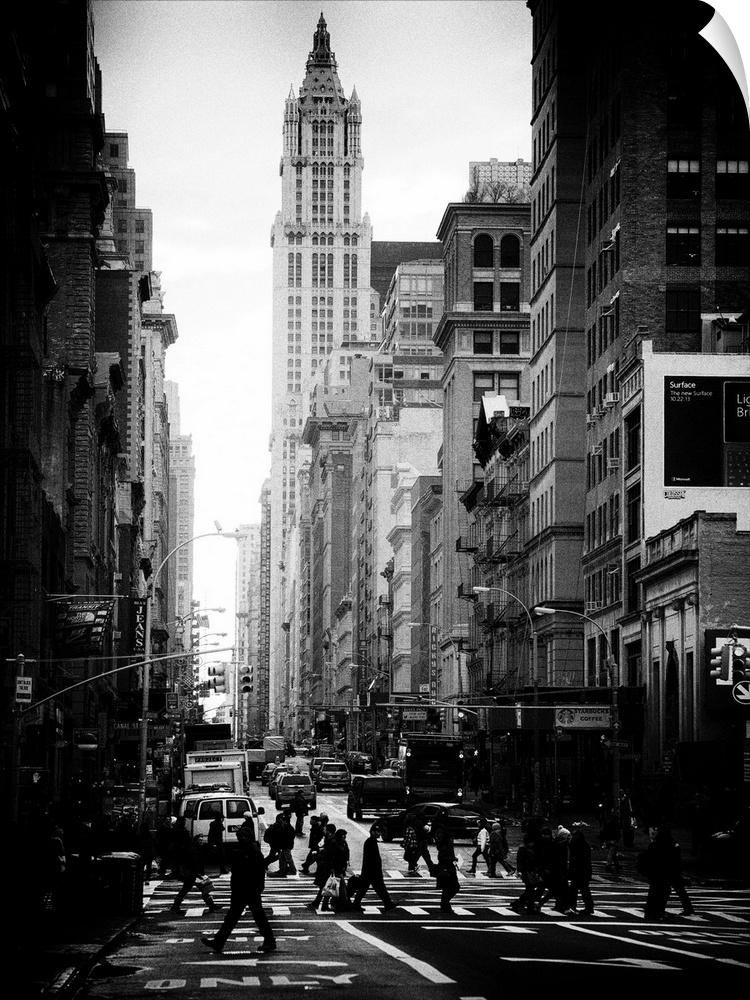 A black and white photograph of urban life in New York city.