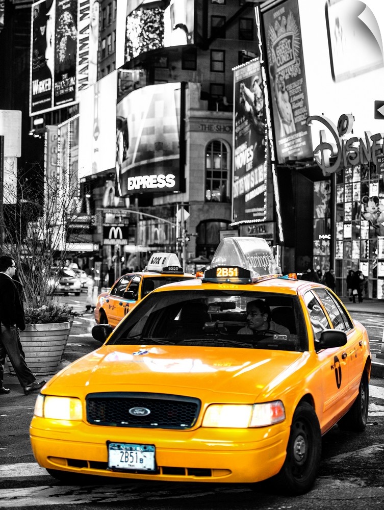 A black and white photograph of New York city with a bright yellow taxi in focus.