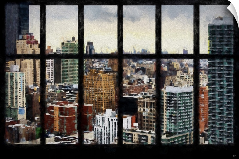 Photograph with a painterly effect of NYC seen through a window.