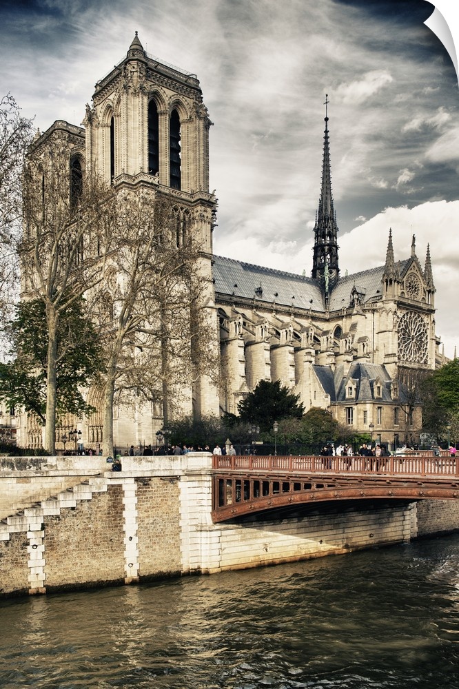 View of the Notre Dame de Paris Cathedral from the Seine River.