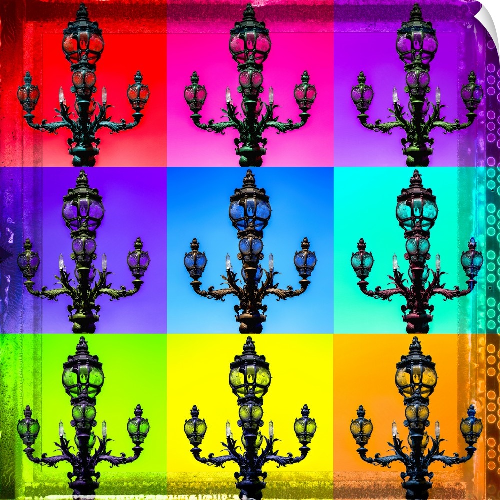 Artistic photography of a Parisian lamppost in a colorful tiled pop art style.