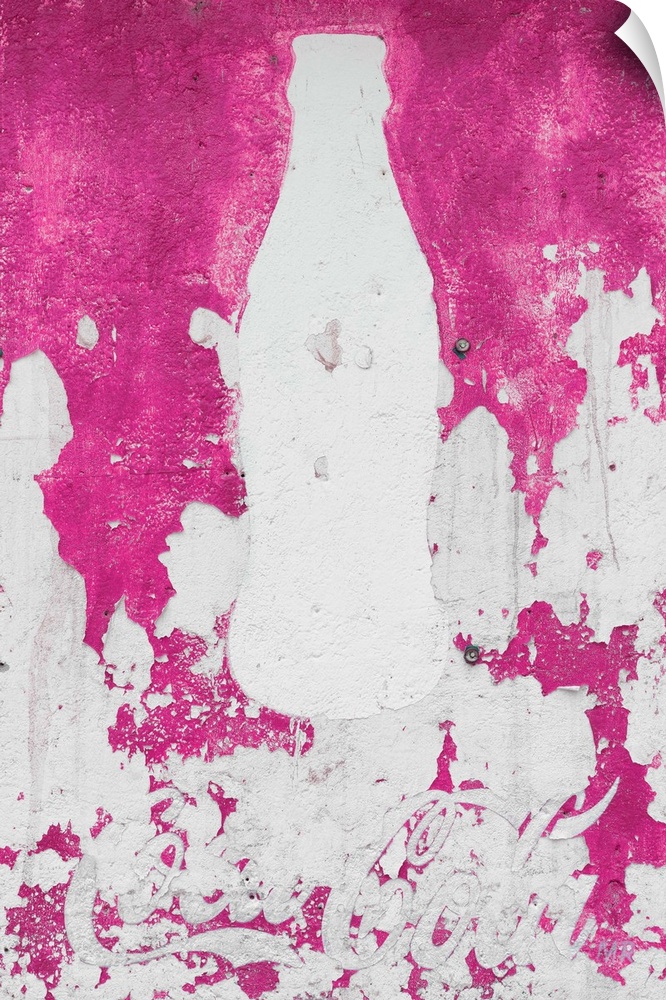 Close-up photograph of a pink exterior wall with a white silhouette of a Coca Cola bottle painted on it. From the Viva Mex...