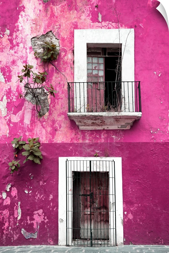 Photograph of a rustic pink wall in Mexico with peeling paint, a balcony, door, and plants growing out of the wall. From t...
