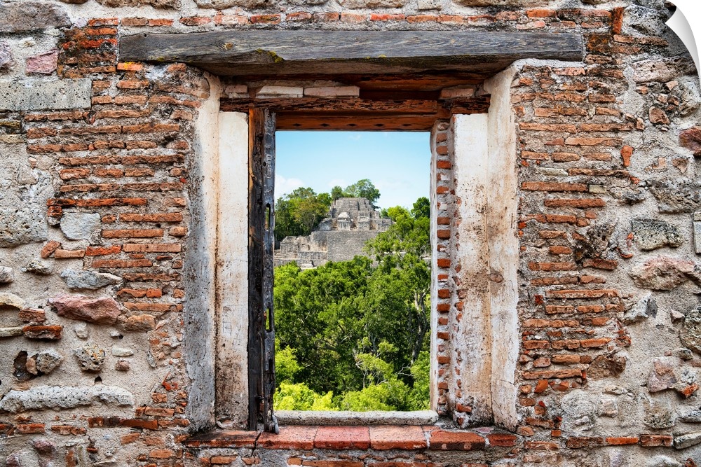 View of the Mayan Pyramid in the city of Calakmul, Mexico,  framed through a stony, brick window. From the Viva Mexico Win...
