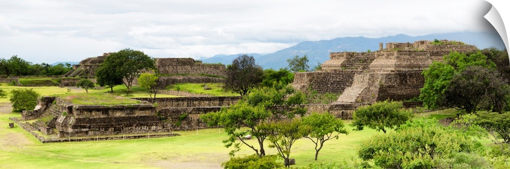 Panoramic photograph of the pyramid of Monte Alban in Oaxaca, Mexico. From the Viva Mexico Panoramic Collection.