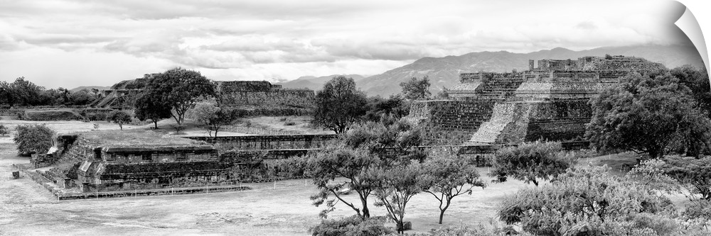 Black and white panoramic photograph of the pyramid of Monte Alban in Oaxaca, Mexico. From the Viva Mexico Panoramic Colle...