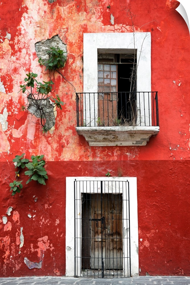 Photograph of a rustic red wall in Mexico with peeling paint, a balcony, door, and plants growing out of the wall. From th...