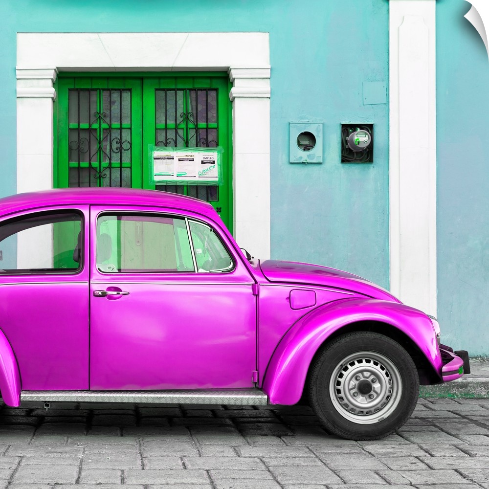 Square photograph of a classic Volkswagen Beetle parked in front of a turquoise building with a bright green door. From th...