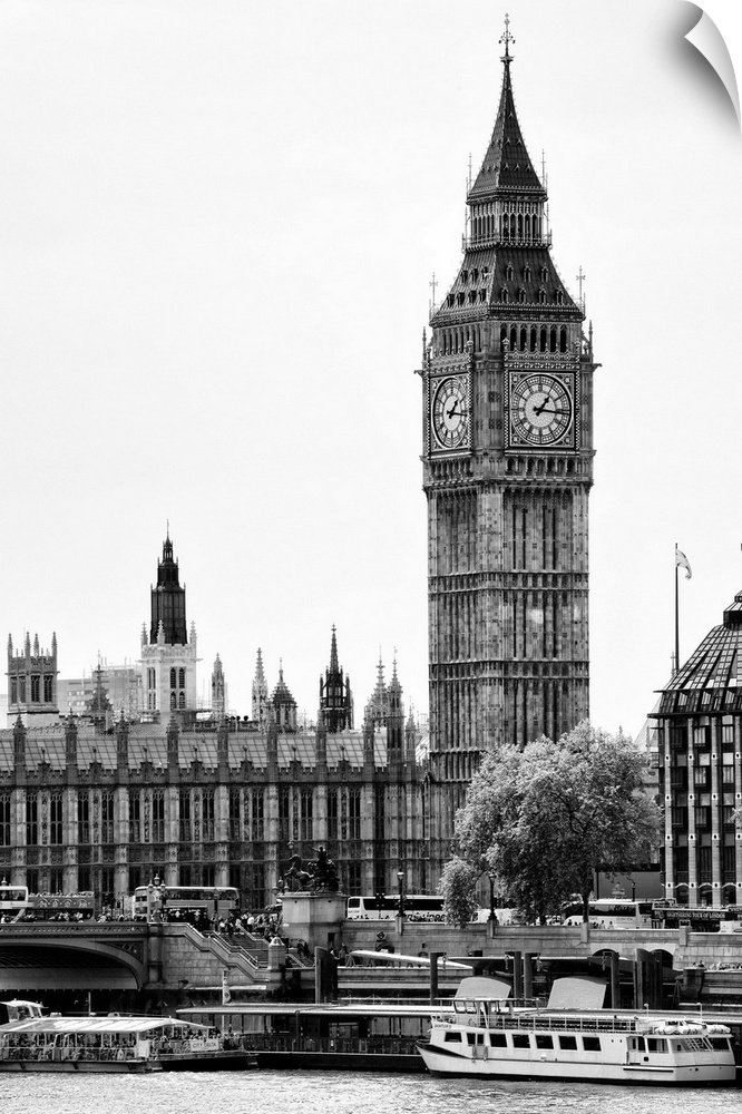 Black and white photo of Big Ben, seen from the River Thames.