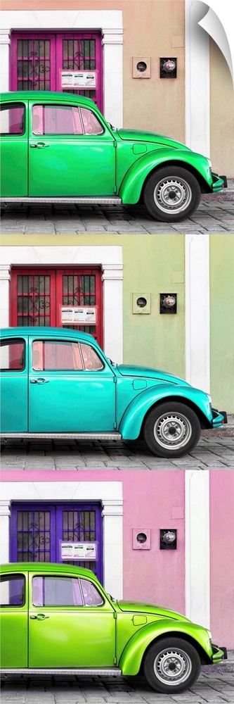 Panoramic triptych photograph of three colorful Volkswagen Beetles parked in front of different brightly colored walls. Fr...