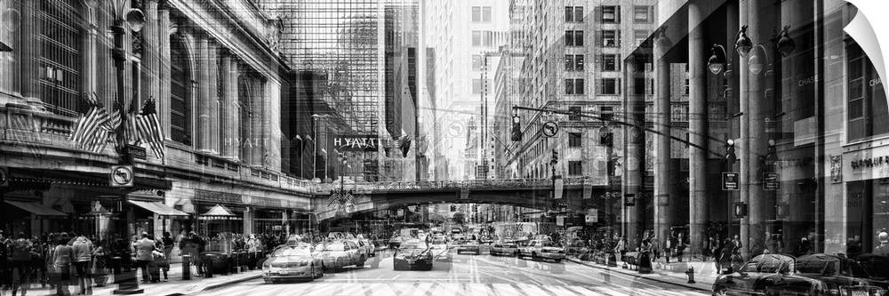 Black and white photo of a busy street in New York City, with a layered effect creating a feeling of movement.