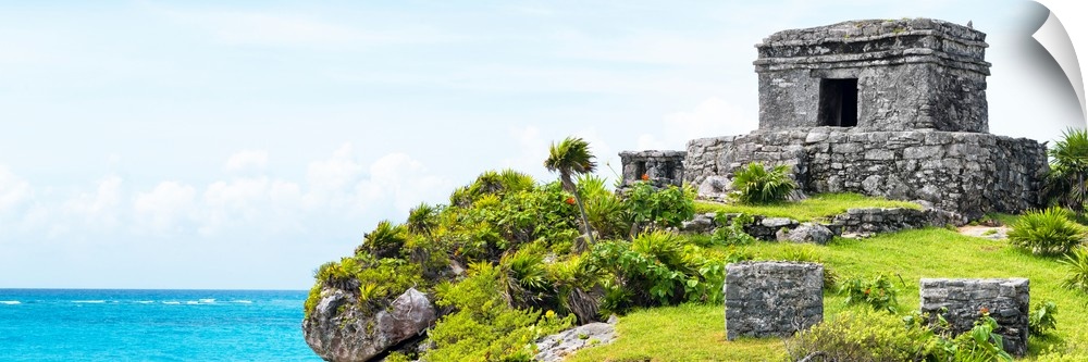 Panoramic photograph a ancient Mayan ruins in Tulum, Mexico, right on the Riviera Maya, overlooking the beautiful Caribbea...