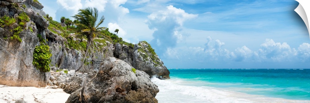 Panoramic photograph of a rocky Caribbean beach shore in Tulum, Mexico. From the Viva Mexico Panoramic Collection.