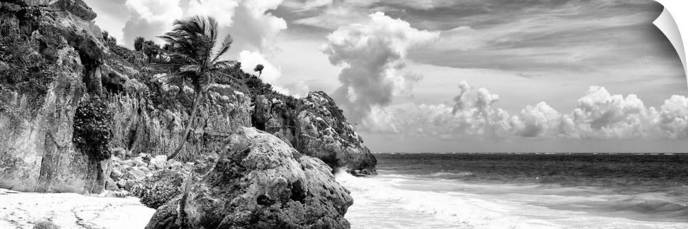 Black and white panoramic photograph of a rocky Caribbean beach shore in Tulum, Mexico. From the Viva Mexico Panoramic Col...