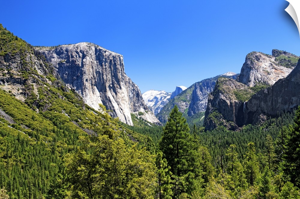 The majestic peaks of Half Dome and its neighboring mountains over the forests of Yosemite National Park in California.