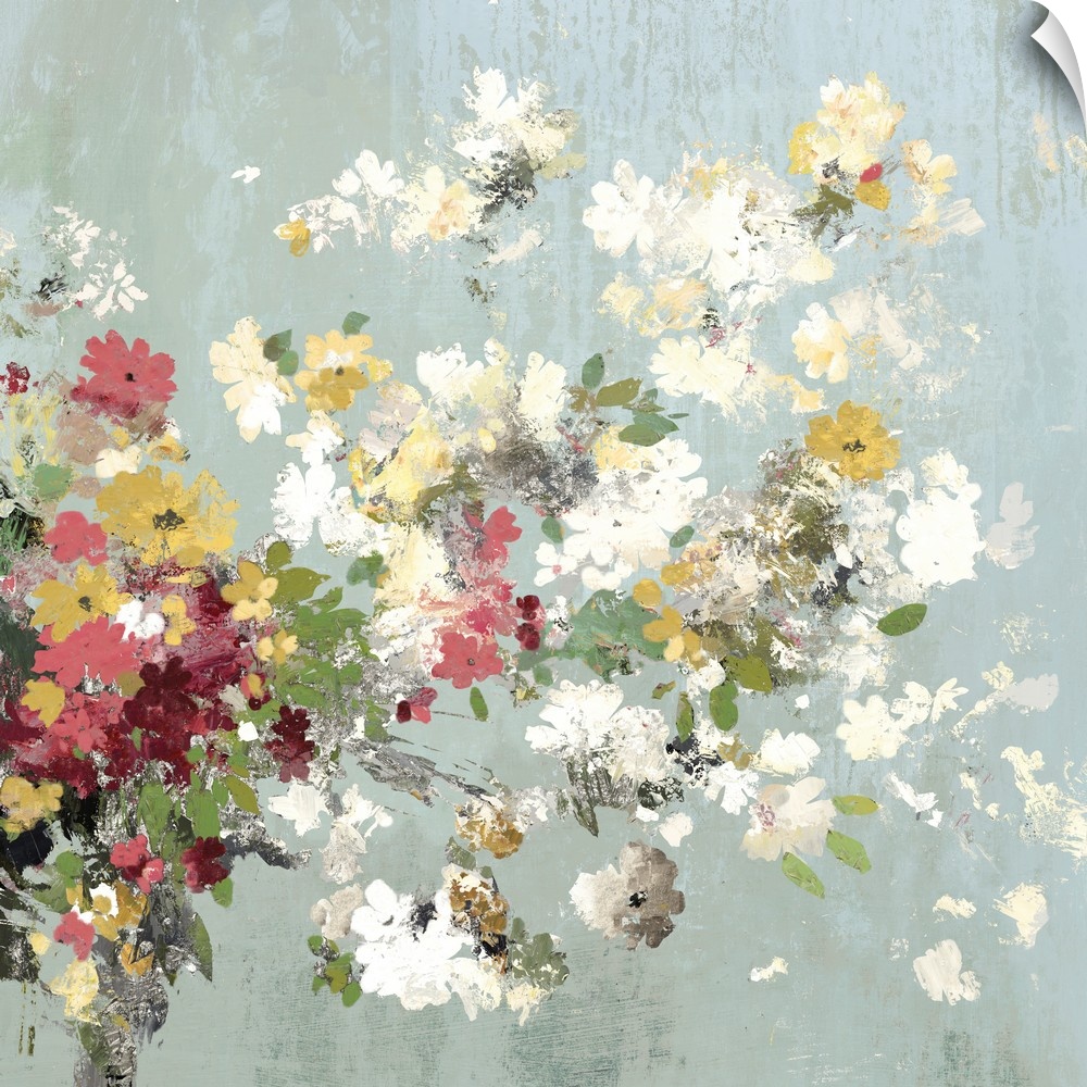 Contemporary floral artwork in neutral shades of yellow, green, red, and white on pale blue.
