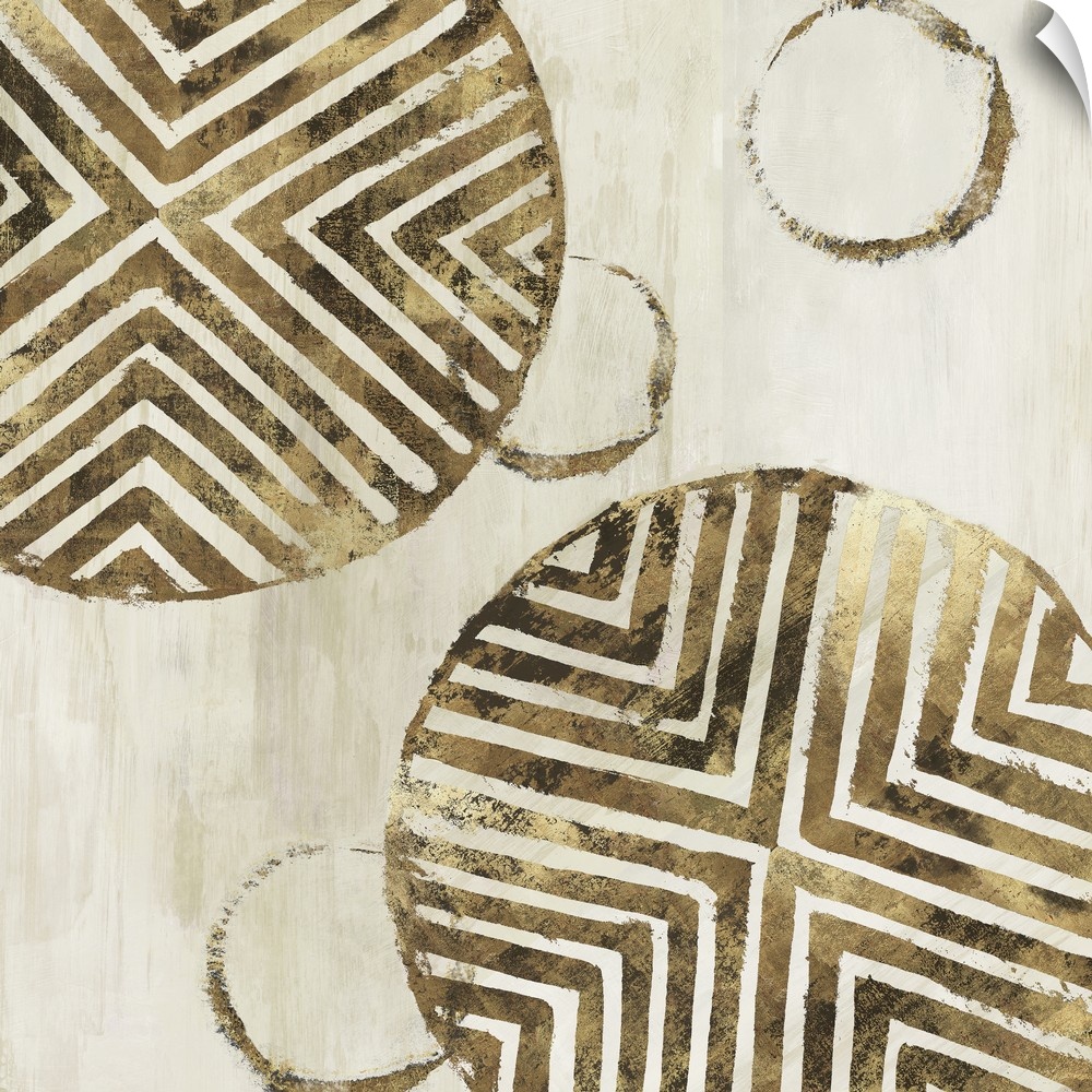 Abstract art with metallic gold geometric circular shapes with lined designs on a light gold and white streaked square bac...