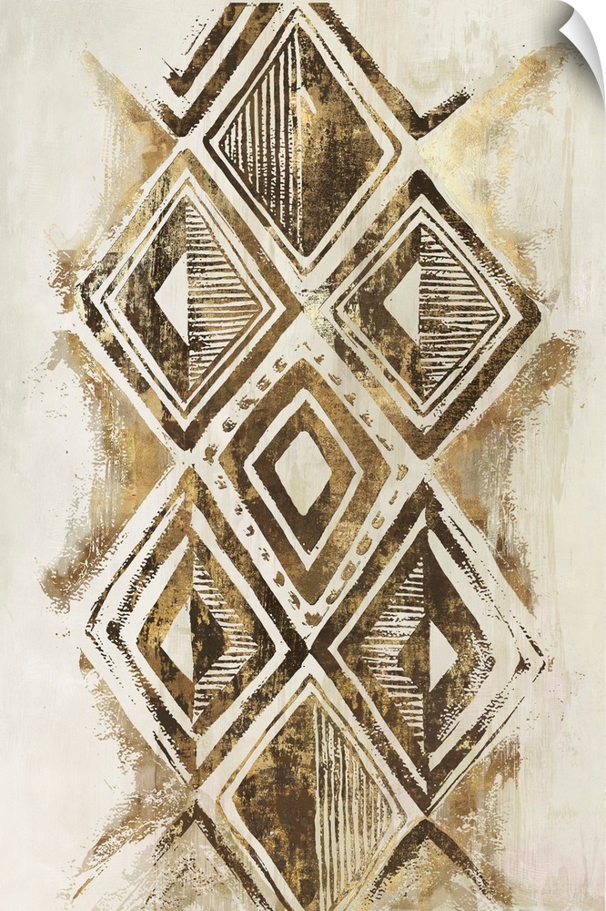 Vertical abstract art with decorative metallic gold geometric diamond shapes on a light gold and white streaked background.