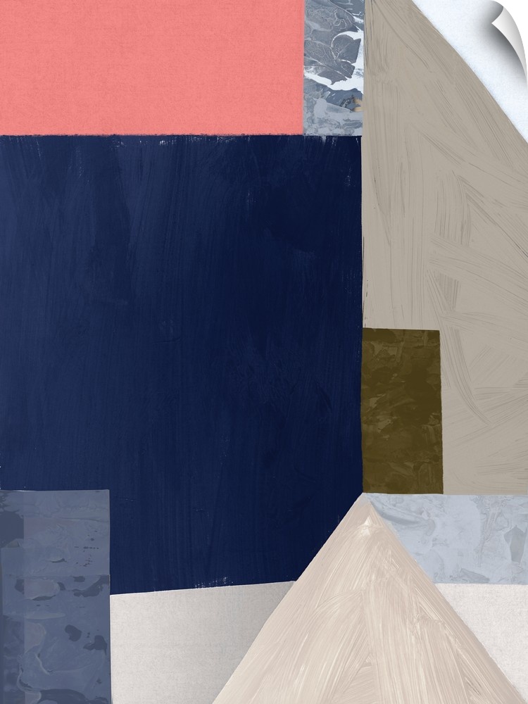Color block abstract artwork with shades of navy blue and coral pink.