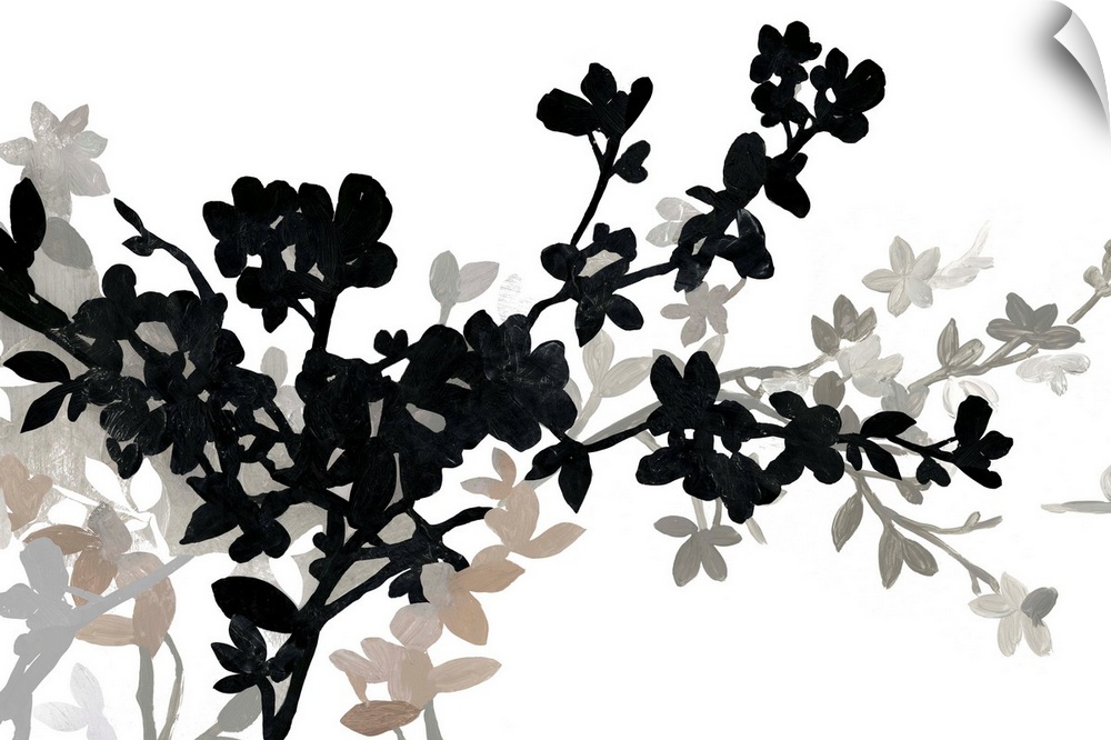 A contemporary painting of apple blossoms in varies shades of black and gray.
