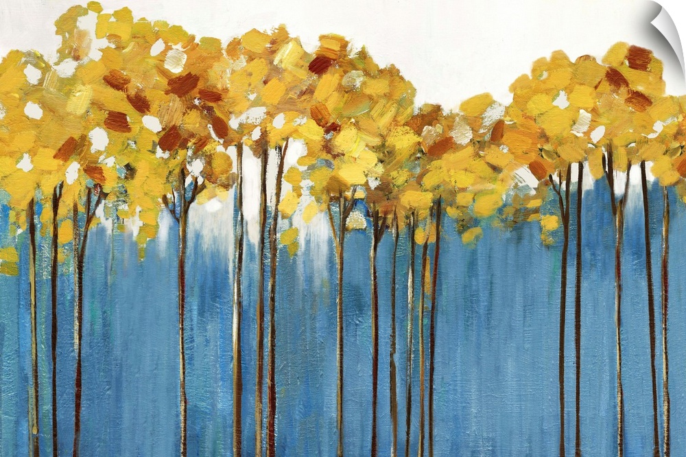 Contemporary painting of a row of slender trees with amber leaves over periwinkle blue.