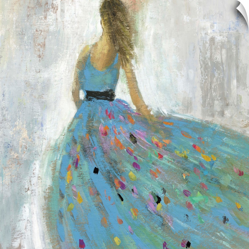 Square painting of a female in a blue ball gown with multiple color spots on the skirt.