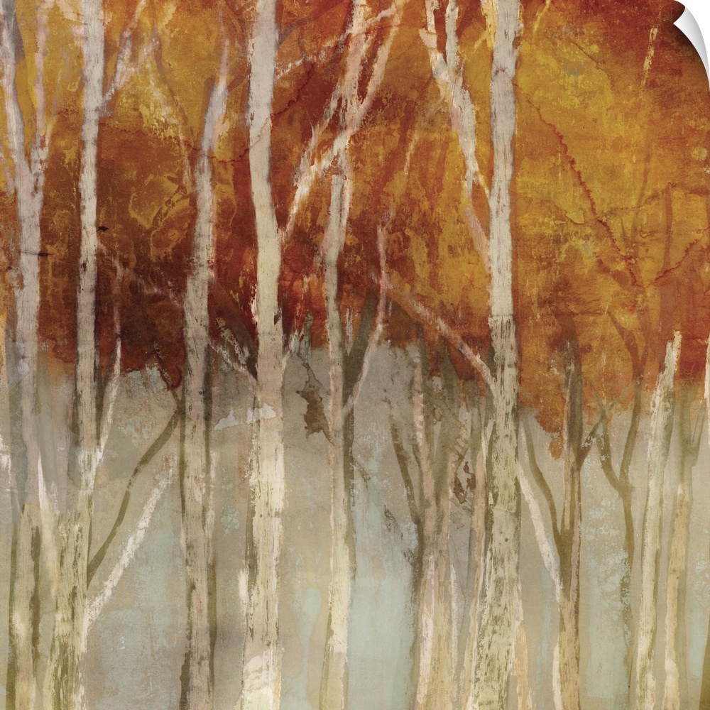 Contemporary home decor artwork of a forest in autumn foliage.
