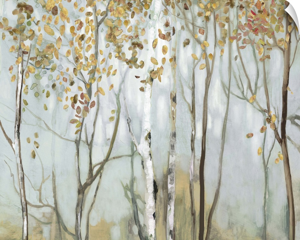 Large landscape painting of birch trees in the woods with gold and red leaves.