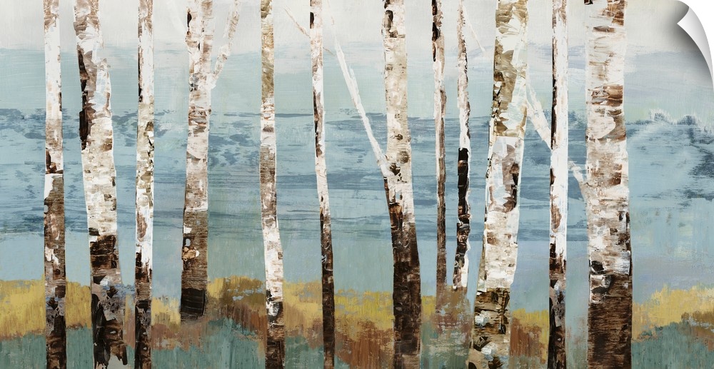 Contemporary artwork of a row of white birch trees.
