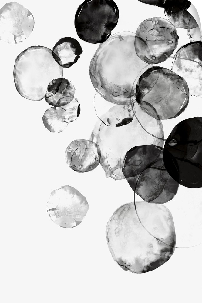 Large vertical painting of black circular shapes on white.