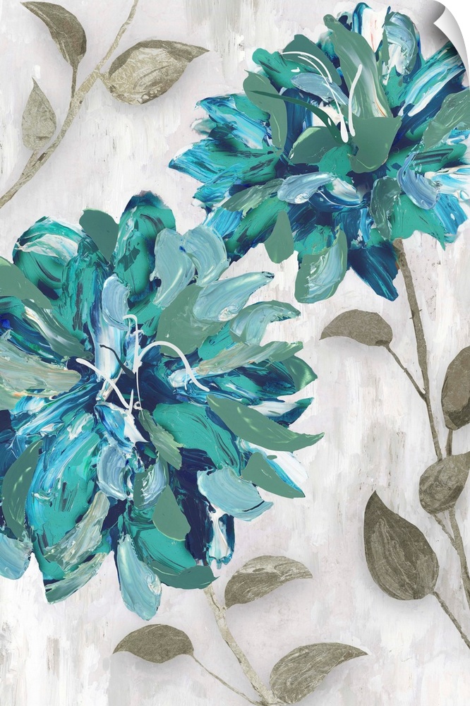 Contemporary artwork of teal flowers in full bloom.