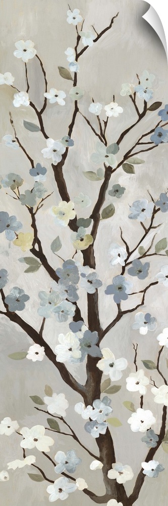 Contemporary home decor artwork of a tree branch with white flowers in bloom.