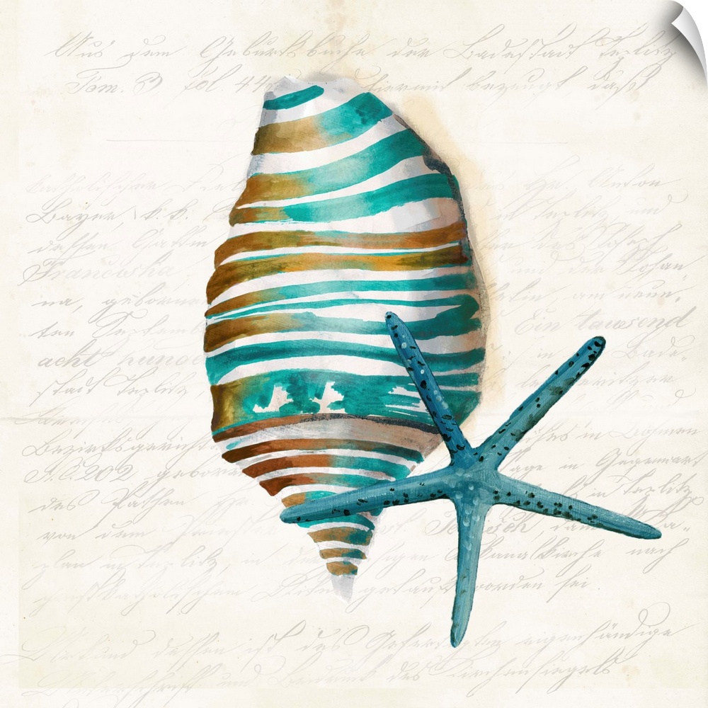 Watercolor painting of a seashell in blue and brown.