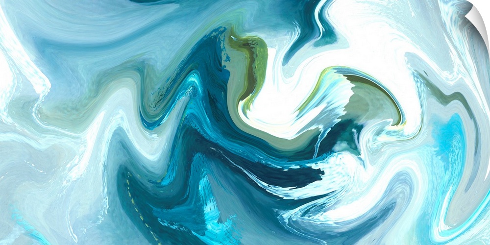 Long vertical painting in swirls of blue and white shapes.