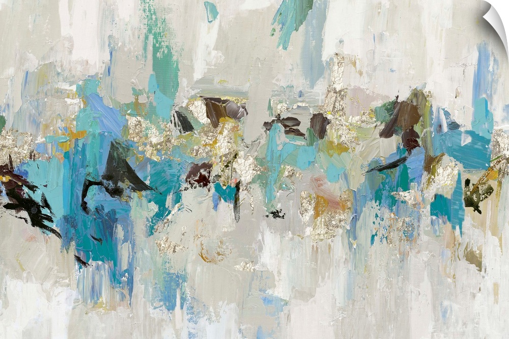 Large abstract artwork made with shades of blue, gray, brown, and gold.