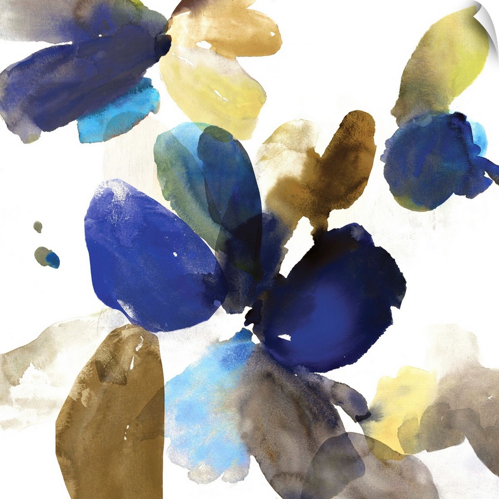 Abstract watercolor artwork of organic blue and gold shapes on cream.
