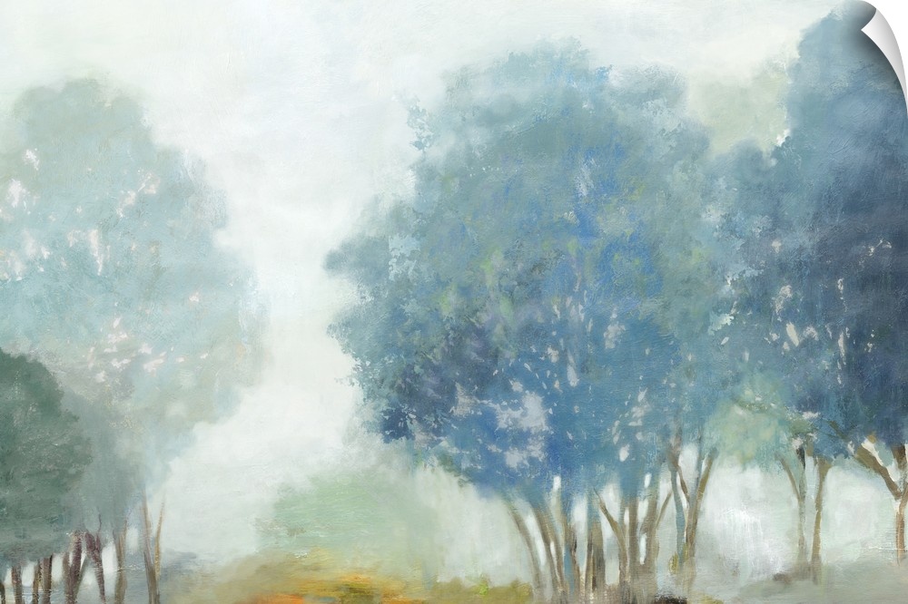 Contemporary artwork of a misty valley with blue trees.